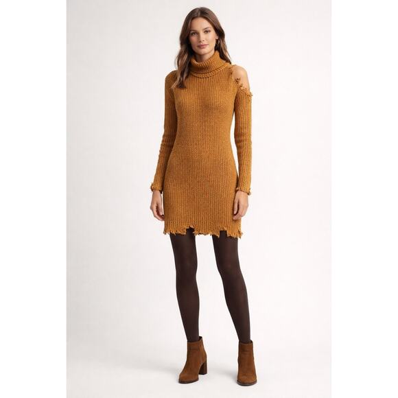 No Comment Clothing Dresses & Skirts - No Comment NYU Womens L Mustard Raw Edge Turtleneck Sweater Dress NWT Western